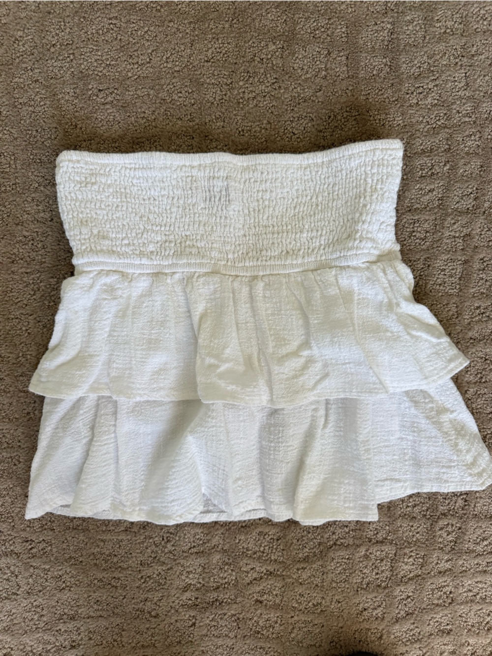 Edikted White Smocked Ruffle Strapless Crop Top